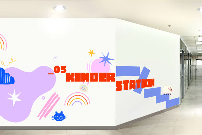 Wandgrafik mit Schriftzug Kinderstation und bunten Symbolen, Leitsystem und Gebäudebeschilderung für Krankenhaus und Klinik