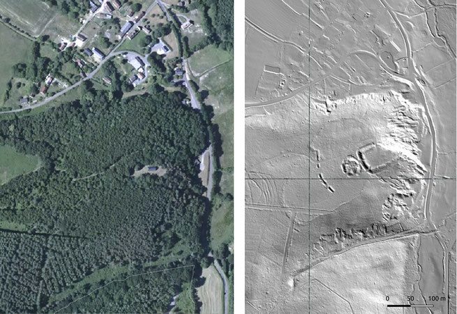 À gauche, l'image satellite au travers de laquelle aucune structure n'est visible, à droite, l'image Lidar, qui laisse apparaitre une motte castrale. ONF/SRA/N.Blanchard