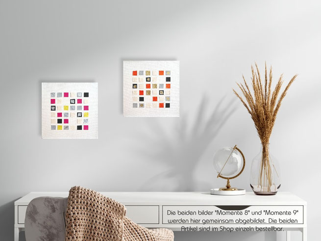 Minimalistische, abstrakte Malerei mit quadratischen Büttenpapier-Elementen in Collagetechnik in Weiß, Grau, Silber, Schwarz, Pink und Gelb bzw. Gold und Orange mit Perleffekten.