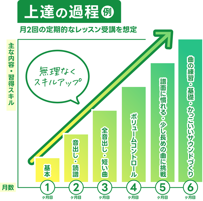月2回の定期的なレッスンを受講することで、3ヶ月ですべての音が出せるようになるまで無理なくスキルアップ。
