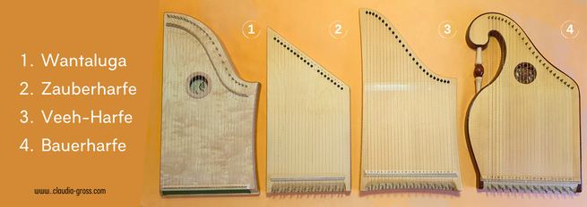 Tischharfen im Vergleich: Die Wantaluga-Harfe, die Zauberharfe, die Veeh-Harfe und die Bauerharfe, Foto: Claudia Groß (c)