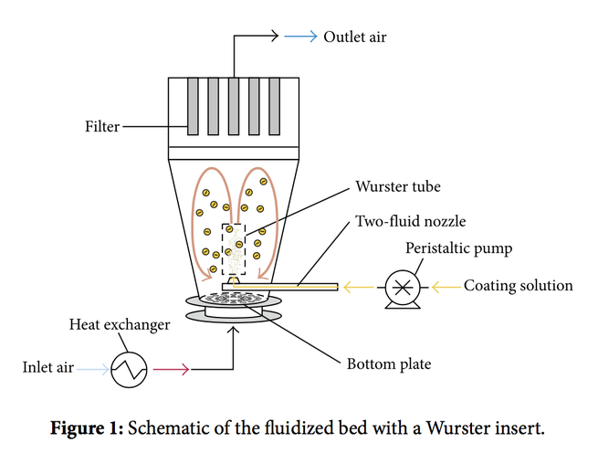 Graphic which shows the different elements of a fluidized bed coating device with a wurster insert