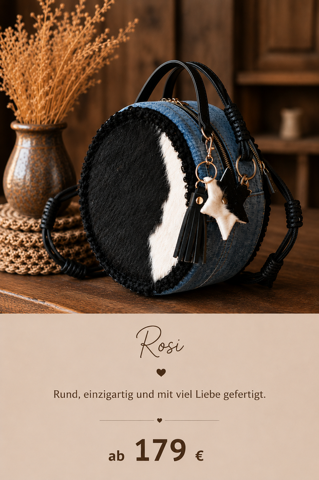 „Rosi von VE reloved – runde handgefertigte Tasche aus Jeans und Fell mit schwarzen Ledergriffen, besonderen Anhängerdetails 