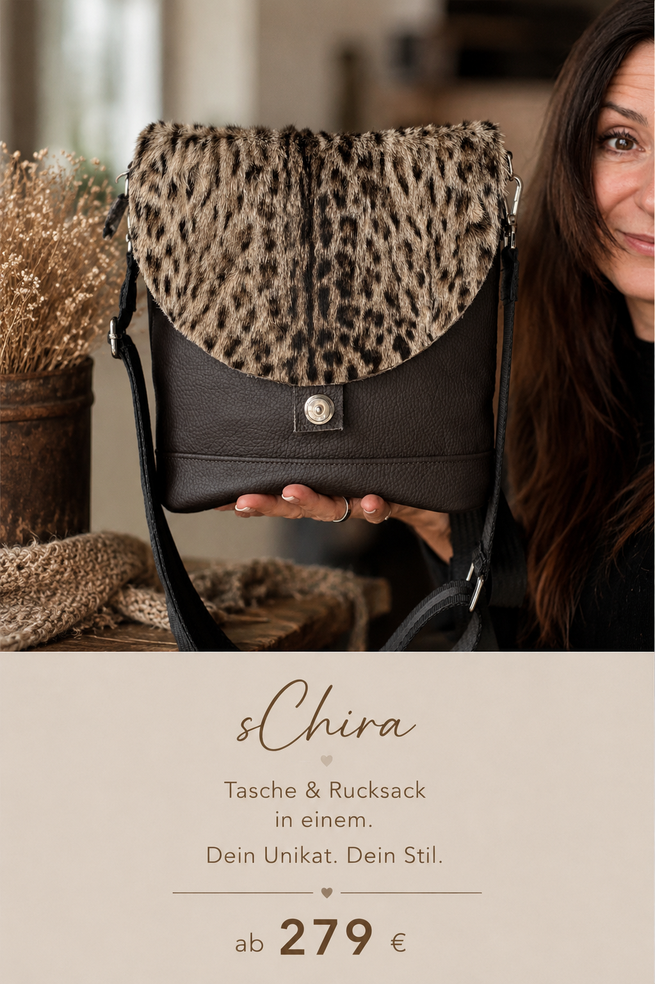 sChira Tasche & Rucksack in einem von Viola Engler reloved aus dunkelbraunem Leder mit strukturierter Fellklappe im Leo-Look.