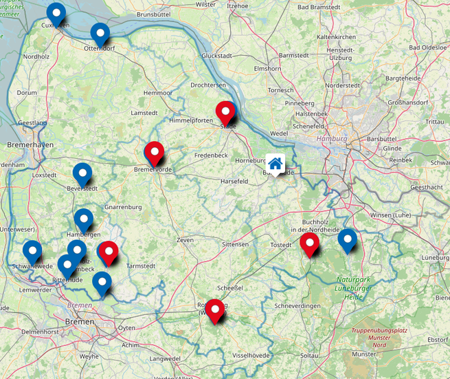 Interaktive Karte der Region der NABU-Regionalgeschäftsstelle Elbe-Weser | Mit einem Klick auf das Bild öffnet sich die Karte in OpenStreetMaps