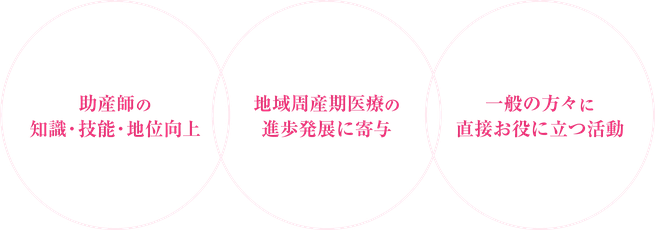 助産師の知識・技能・地位向上、域周産期医療の進歩発展に寄与、一般の方々に直接お役に立つ活動