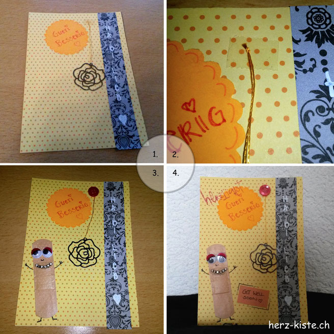 Karte: Gute Besserung mit einem Pflaster und Scrapbooking Elementen