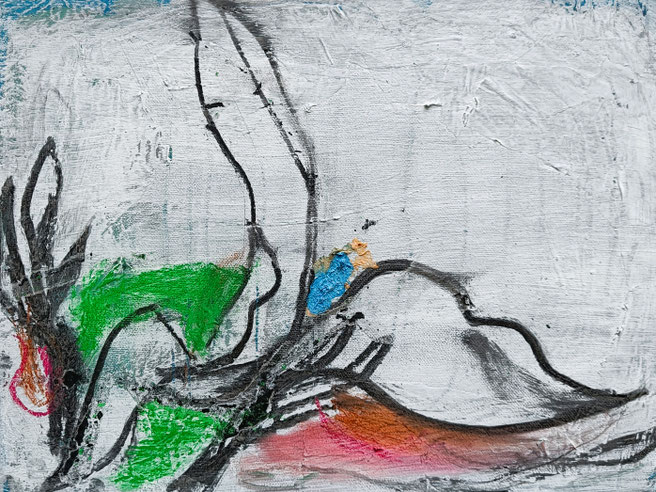 ICY GARDEN | 2025 | 30 x 40 cm | acrylic, charcoal, pastell, crayon, paper collage on canvas