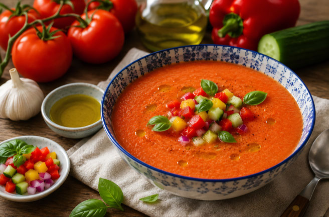 Eiskalte Gazpacho Andaluz mit frischem Gemüse
