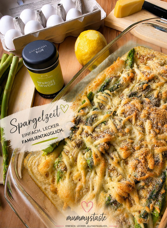 Einfaches Spargelgratin mit grünem Spargel, Käse überbacken und hallingers Spargelgewürz - schnelles Familienrezept für den Sommer