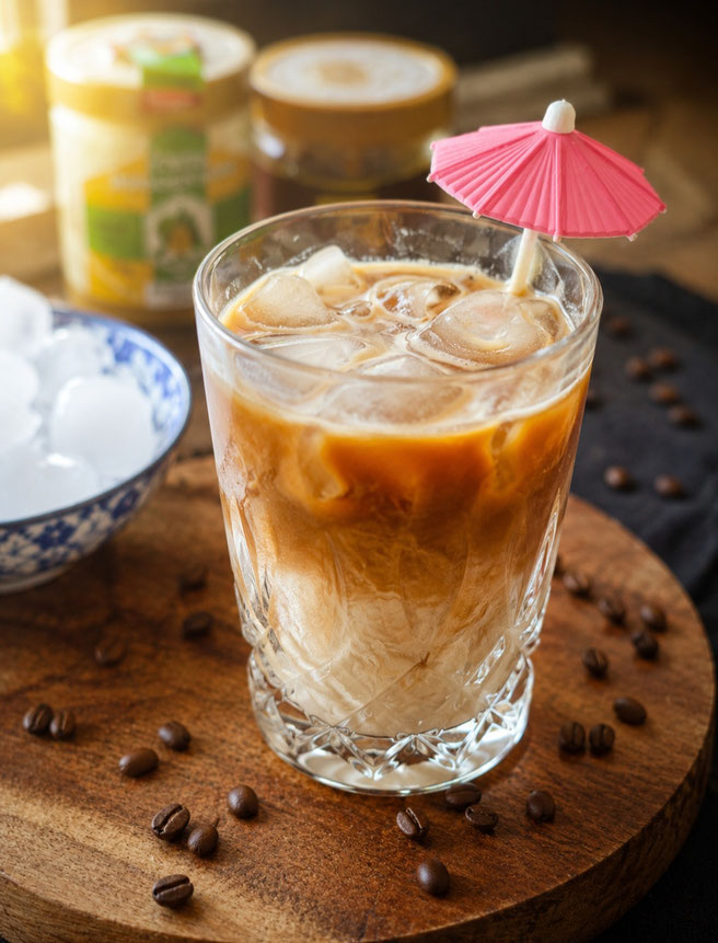 Selbstgemachter Iced Honey Latte - schnell zubereitet mit Espresso, Honig und kalter Milch