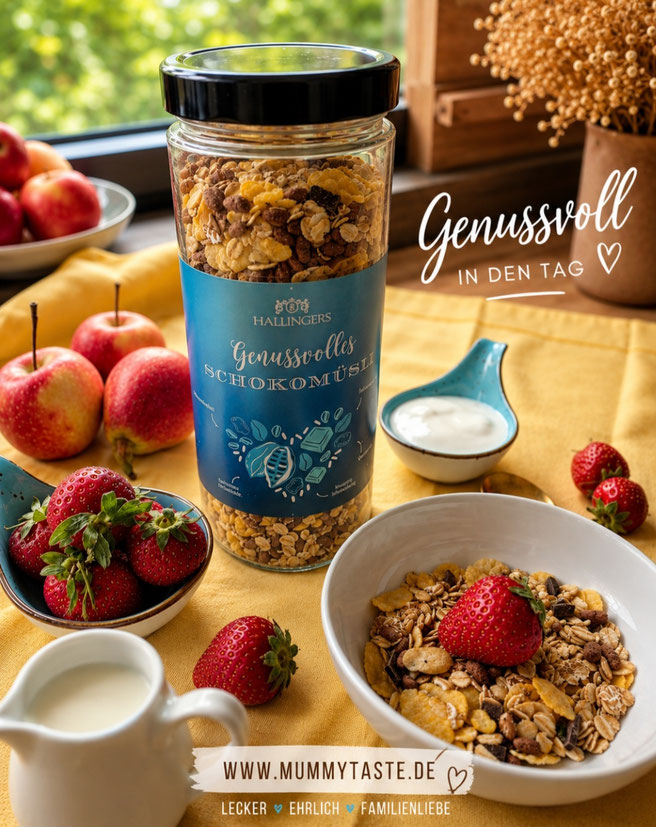 Schokoladenmüsli mit Joghurt und frischen Beeren - schnelles Frühstück für die ganze Familie