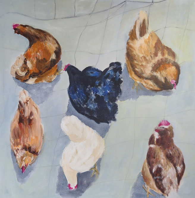 In Frieden - Winter Hühner, Acryl auf Leinwand, 2023, 110 x 110 cm