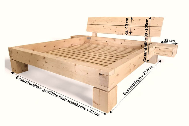 Balkenbett aus Zirbe mit Kopfteil aus Brettern bemaßt