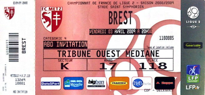3 avr. 2009: FC Metz - Stade Brestois - 30ème Journée - Championnat de France (1/0 - 11.153 spect.)