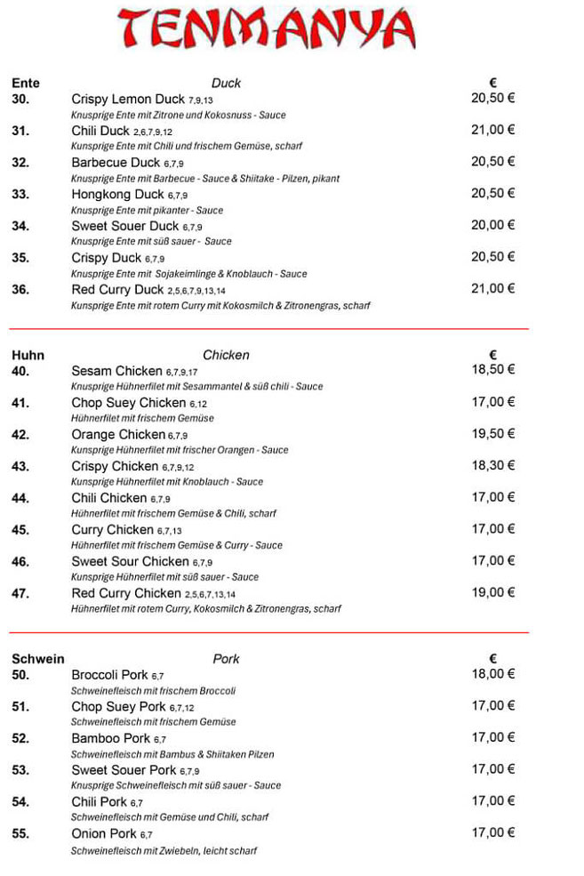 Take-Away Karte Ente und Chicken