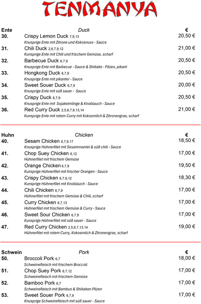 Take-Away Karte Ente und Chicken