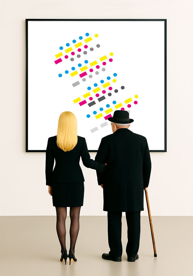 Museum view — Numbers Without Numbers — Paolo Grassi, 274. Sequence Morse Diagonal (5965–5968), from From “0” to Infinity; a woman and an elderly man stand before a large framed CMY/gray Morse-code canvas.