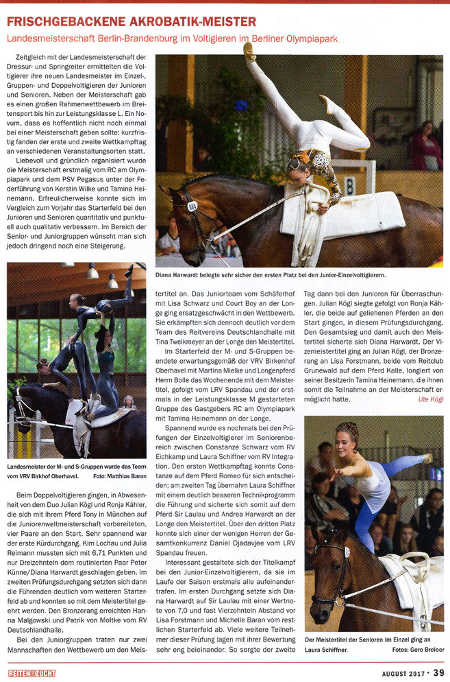 Erste Plätze für den RVI bei den Landesmeisterschaften, Teilnahme bei den Deutschen Juniorenmeisterschaften gesichert, erschienen in der August Ausgabe "Reiten und Zucht" und "Der Blitz" am 29.07.2017