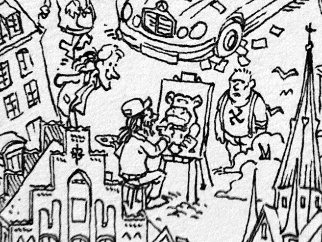 Ausschnitt aus dem Wimmelbild des Comiczeichners und Cartoonisten Kim Schmidt. Mittendrin: Ristau wie er mal wieder einmal einen "Affen" malt.