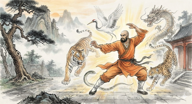 illustrazione di bodhidharma e gli stili di combattimento copiati dalle movenze degli animali