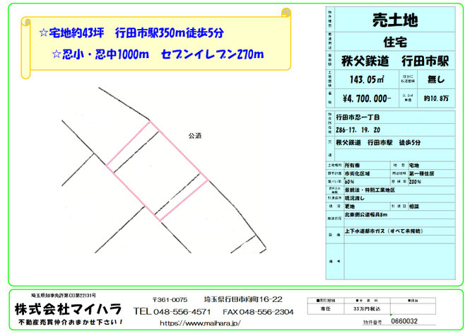 売り土地　行田市忍2