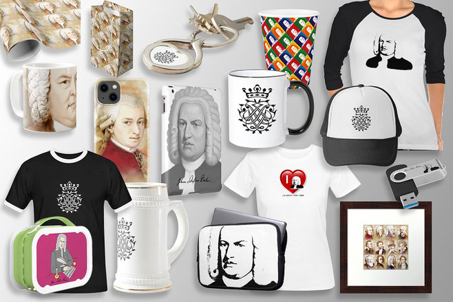 On a gray gradient background, you can see various items featuring Bach designs and music designs. There are about 15 items.