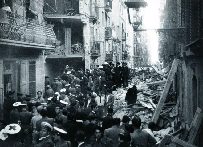 Barcelonas indre by efter det fascistiske luftvåbens bombardementer i 1937