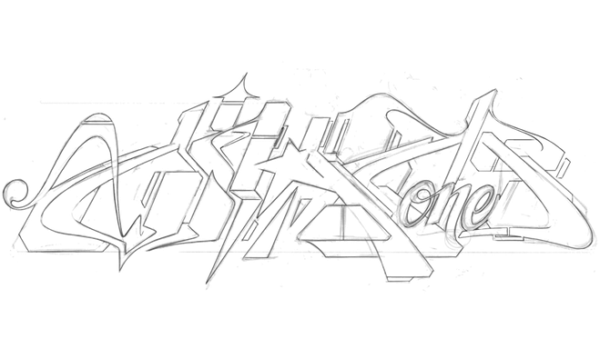 Eine Graffiti Skizze auf weißem Hintergrund. Zu sehen sind Bleistift Linien von einem Ohm One Graffiti Schriftzug.