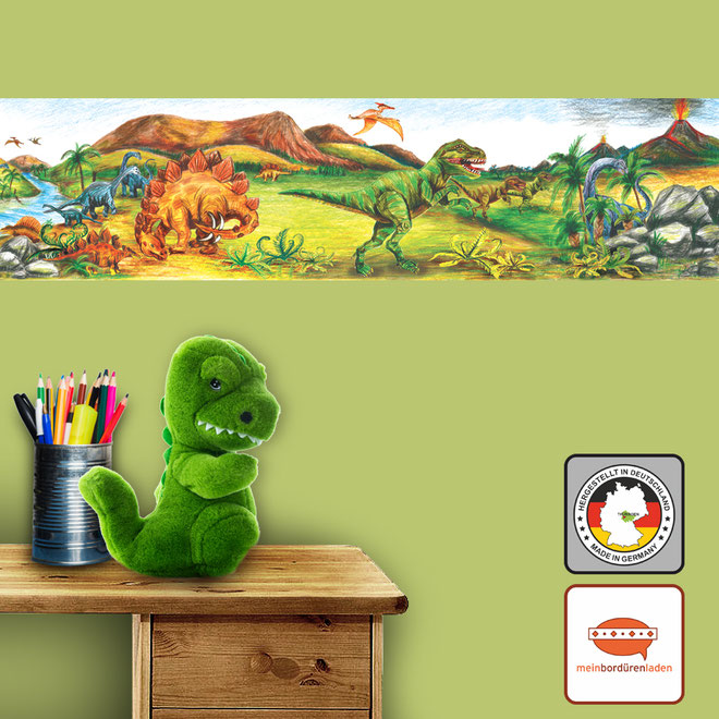 selbstklebende Kinderbordüre mit Urzeitdinos, T-Rex, Langhals, Flugdinos, Vulkane - liebevoll per Hand gemalte Motive