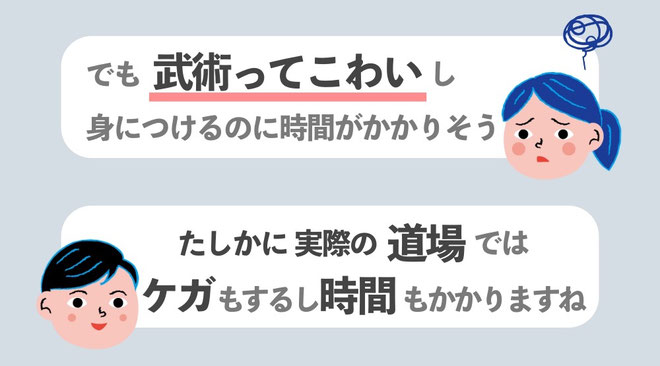 「でも武術って怖いし、身につけるのに時間がかかるのでは？」と思いますよね。確かに実際の道場ではケガもするし、時間もかかります。