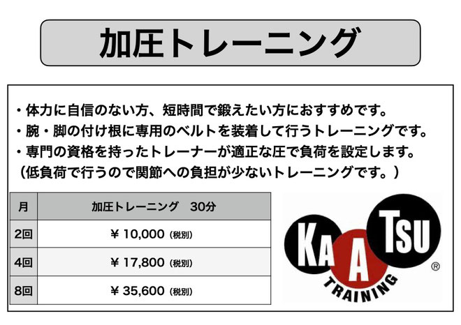 Performance Room ONE 加圧トレーニング料金表。月会費制で月2回、4回、8回コースの価格がわかりやすく記載されています。