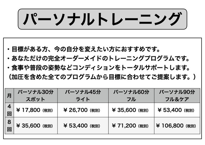 Performance Room ONE パーソナルトレーニング料金表。月会費制で30分・45分・60分・90分の各コースが月4回・8回から選べる料金プランが掲載されています。