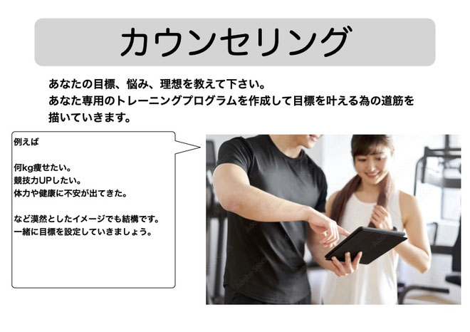 目標や体の悩みを丁寧にヒアリングするカウンセリング