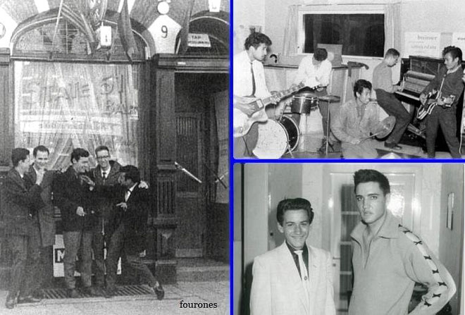Links The Rockin' Blacks voor de bar, boven in studio Bavohuis, beneden Pim met Elvis in Bad Neuheim