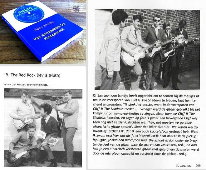 Linksboven het boek linksbeneden de openingspagina rechts een van de 14 pagina's over The Red Rock Devils