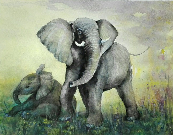 aquarell - “elefant mit jungem“
