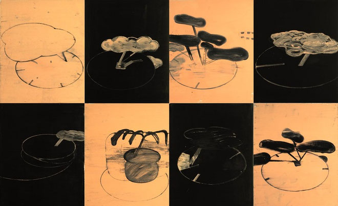 "Manga Garden I, I - 8", 2003, Öl und Haushaltslack auf Karton, je 53 x 43 cm