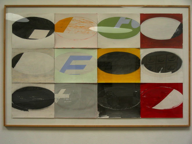 "Emblemewand I", 2003, 122 x 203 cm, Öl, Acryl, Graphit auf Karton. gerahmt