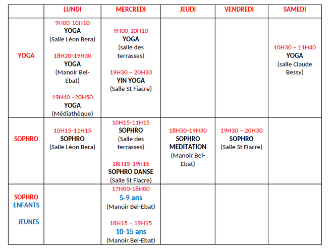 Horaires et salles après modification à partir du 04/11/24 Yoga Sophrologie Avon année 2024-25 horaires et salles dont Yoga, Sophrologie, Sophro Jeunes, Sophro Méditation, Sophro Danse