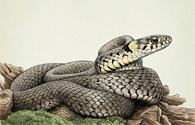 Ringelnatter (Natrix natrix) mit gelben Nackenflecken, typische heimische Schlange an Gewässern und Waldrändern