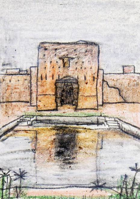Marrakesch, Ruinen, Bleistift und Wachskreide auf Papier