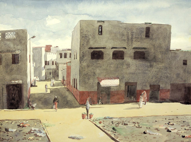 Marokko, Häuser, Aquarell, 30 x 40 cm