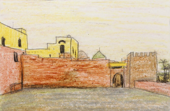 Marrakesch, außerhalb der Stadtmauer, Bleistift und Wachskreide auf Papier