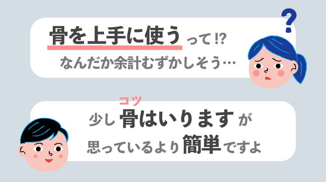 「筋肉じゃなく骨を上手に使うって、なんだか余計難しそう」と思いますよね。少しコツは要りますが、実は思っているより簡単ですよ。