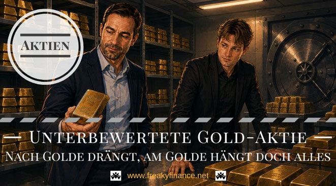 KI-generiertes Bild: Vincent und Henrik in einem Tresorraum voller Goldbarren, Vincent hält einen Barren in der rechten Hand und begutachtet diesen, Henrik rechts im Bild schaut interessiert zu