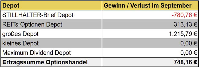 tabellarische Übersicht, Gewinne/Verluste Optionshandel Vormonat, Einnahmen, Optionsprämien aller Depots