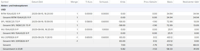 Aktien- und Indexoptionen im Maximum Dividend Depot im vergangenen Monat
