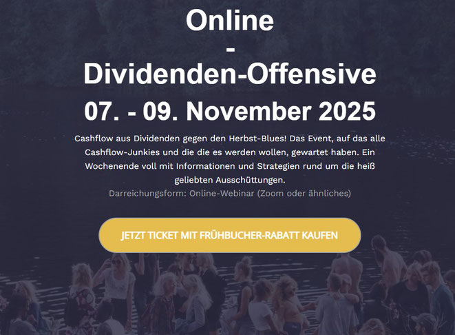 Online-Dividenden-Offensive 2025, Titelbild, Beschreibung, Menschen stehen am Wasser, Button: JETZT TICKET MIT FRÜHBUCHER-RABATT KAUFEN
