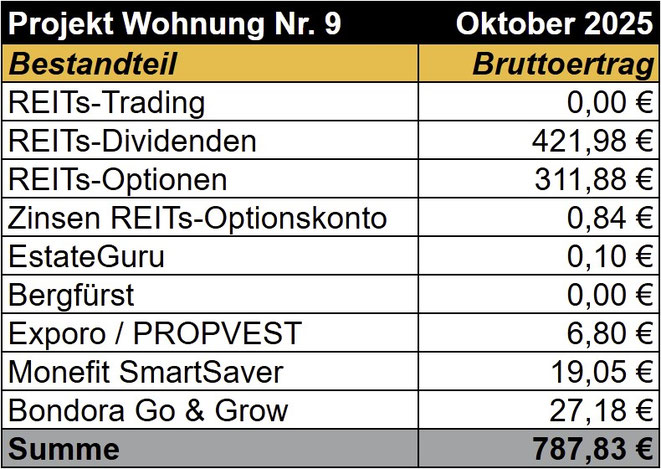 tabellarische Übersicht, Einnahmen Projekt Wohnung Nr. 9, REITs, Optionshandel, Bergfürst, Exporo, PROPVEST, Bondora Go & Grow, Monefit SmartSaver